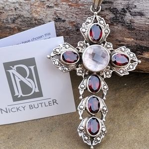Nicky Butler Designer 925 Sterling Silver Cross Pendant Garnet & Rose Quartz NB